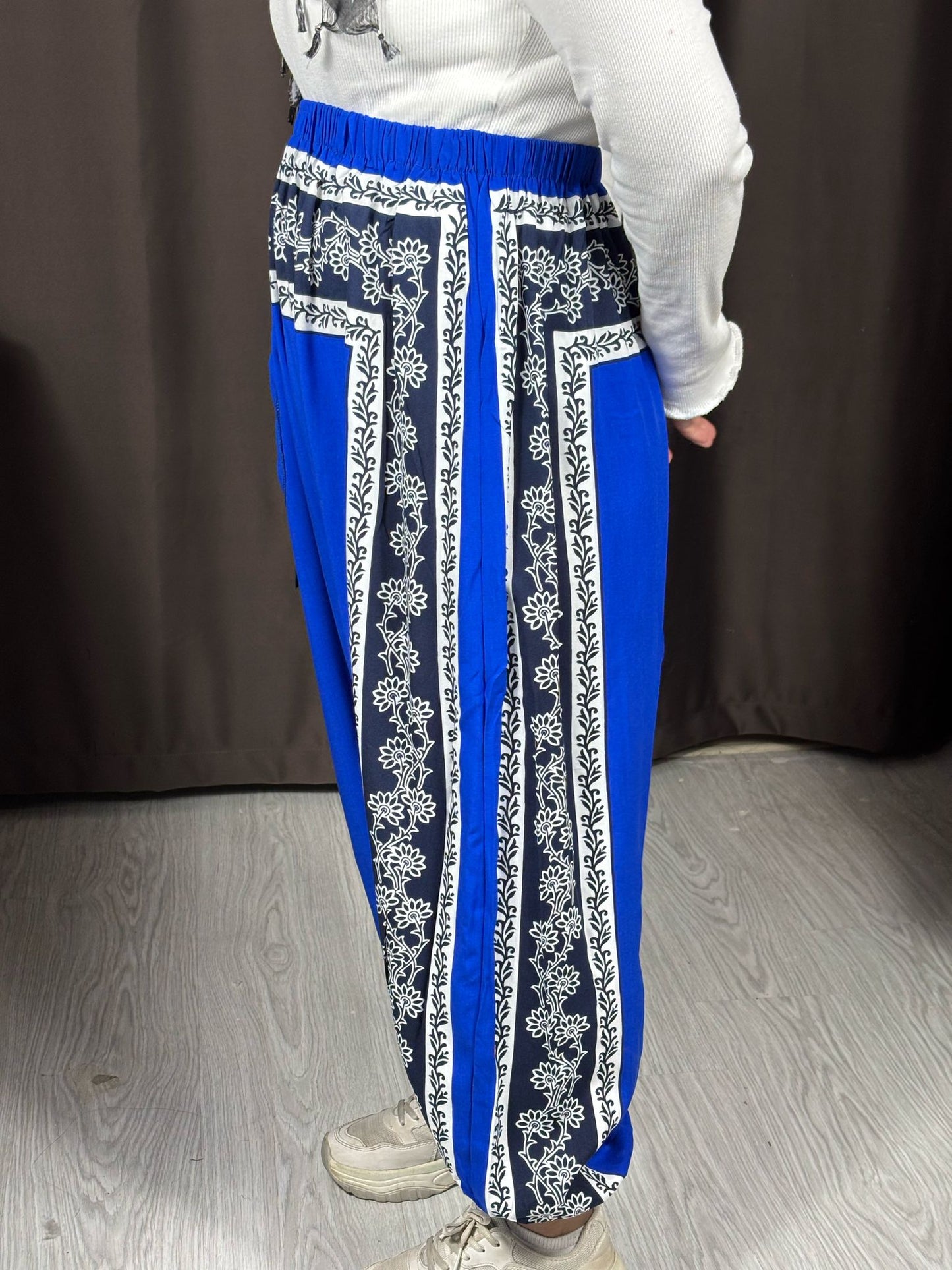 Mavi Etnik Desenli Rahat Kesim Şalvar