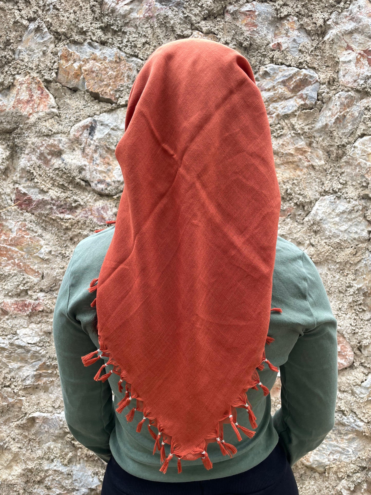 Püsküllü Pamuklu Yazma - Kiremit