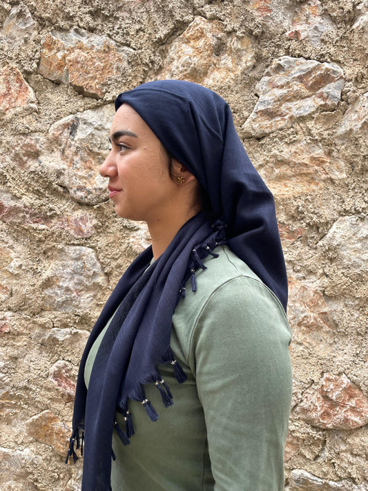 Püsküllü Pamuklu Yazma - Lacivert