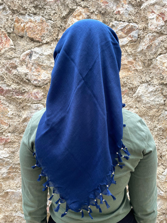 Püsküllü Pamuklu Yazma - Mavi