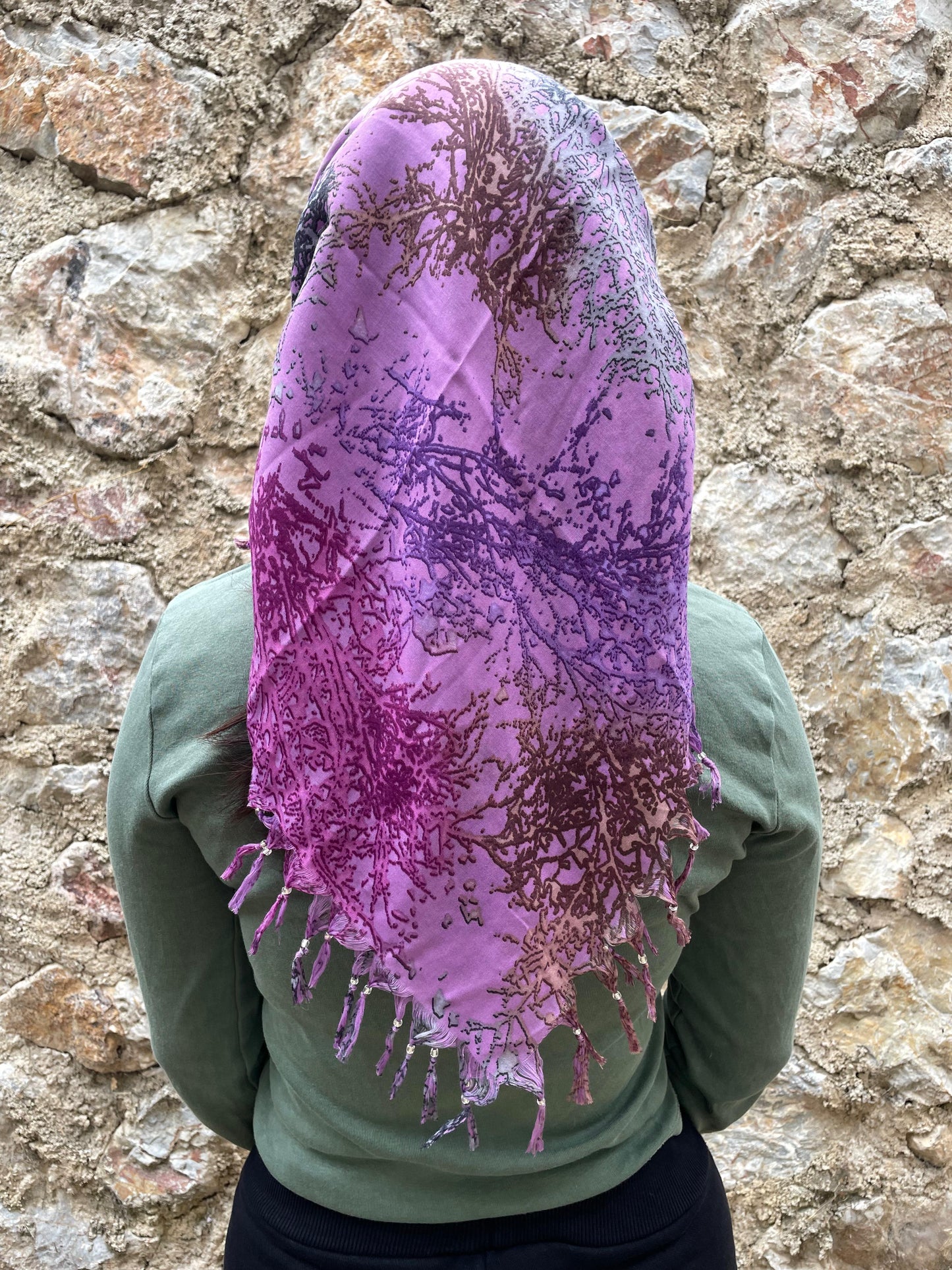 Pembe Mercan Desenli Püsküllü Pamuklu Yazma