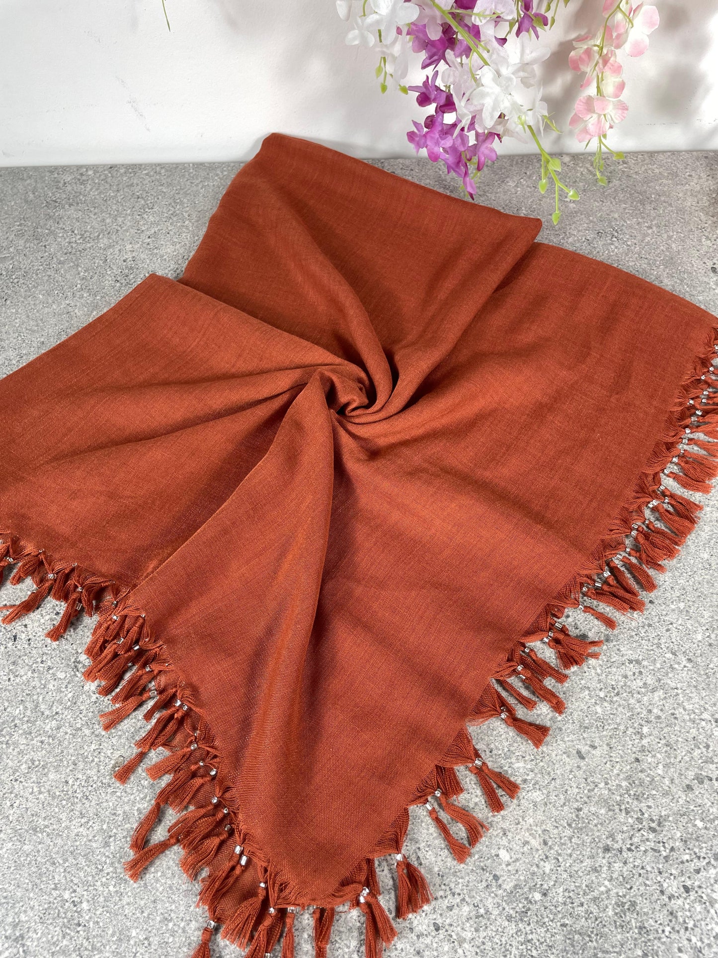 Püsküllü Pamuklu Yazma - Kiremit