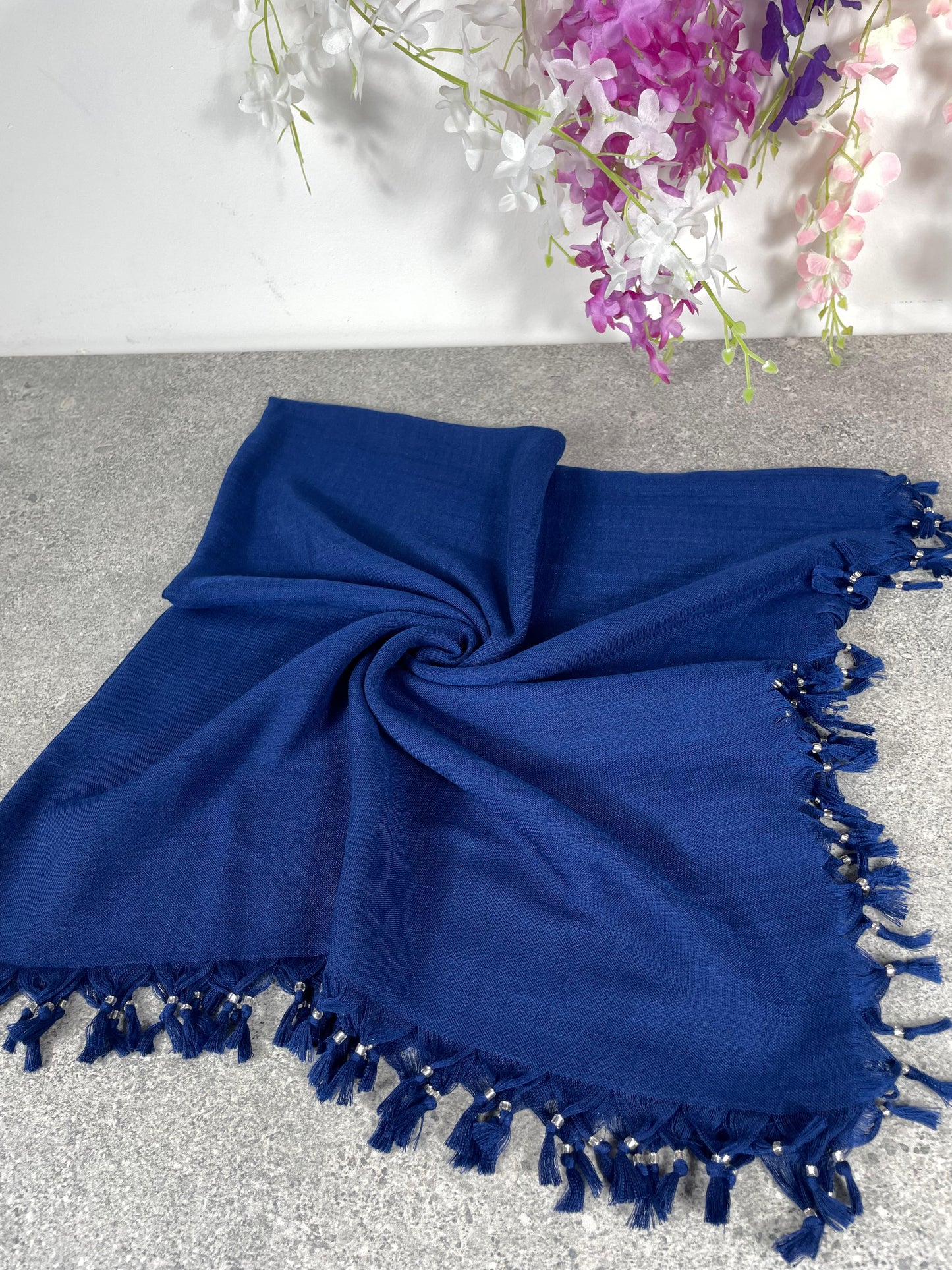 Püsküllü Pamuklu Yazma - Mavi