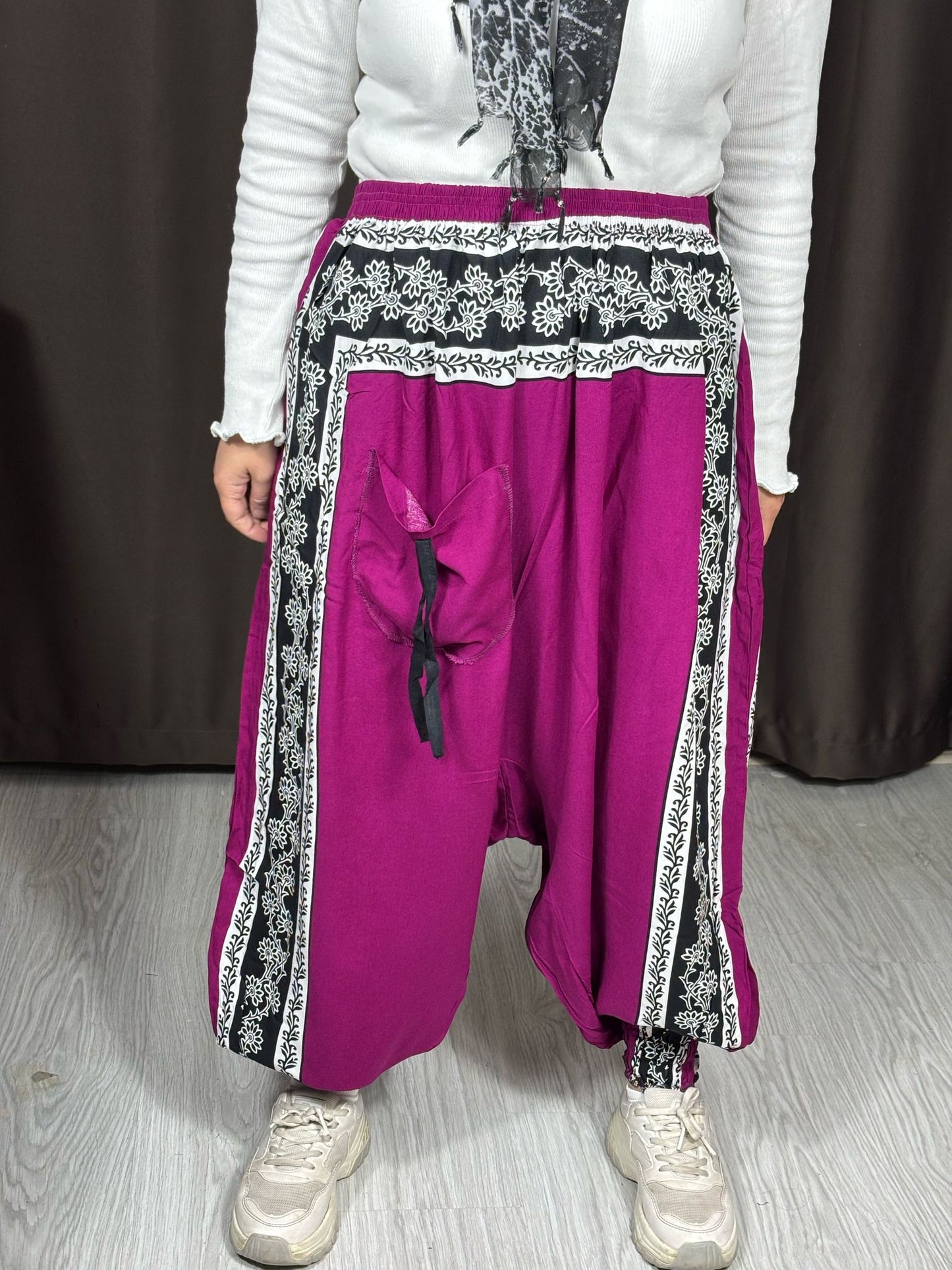 Etnik Desenli Rahat Kesim Şalvar - Fuşya