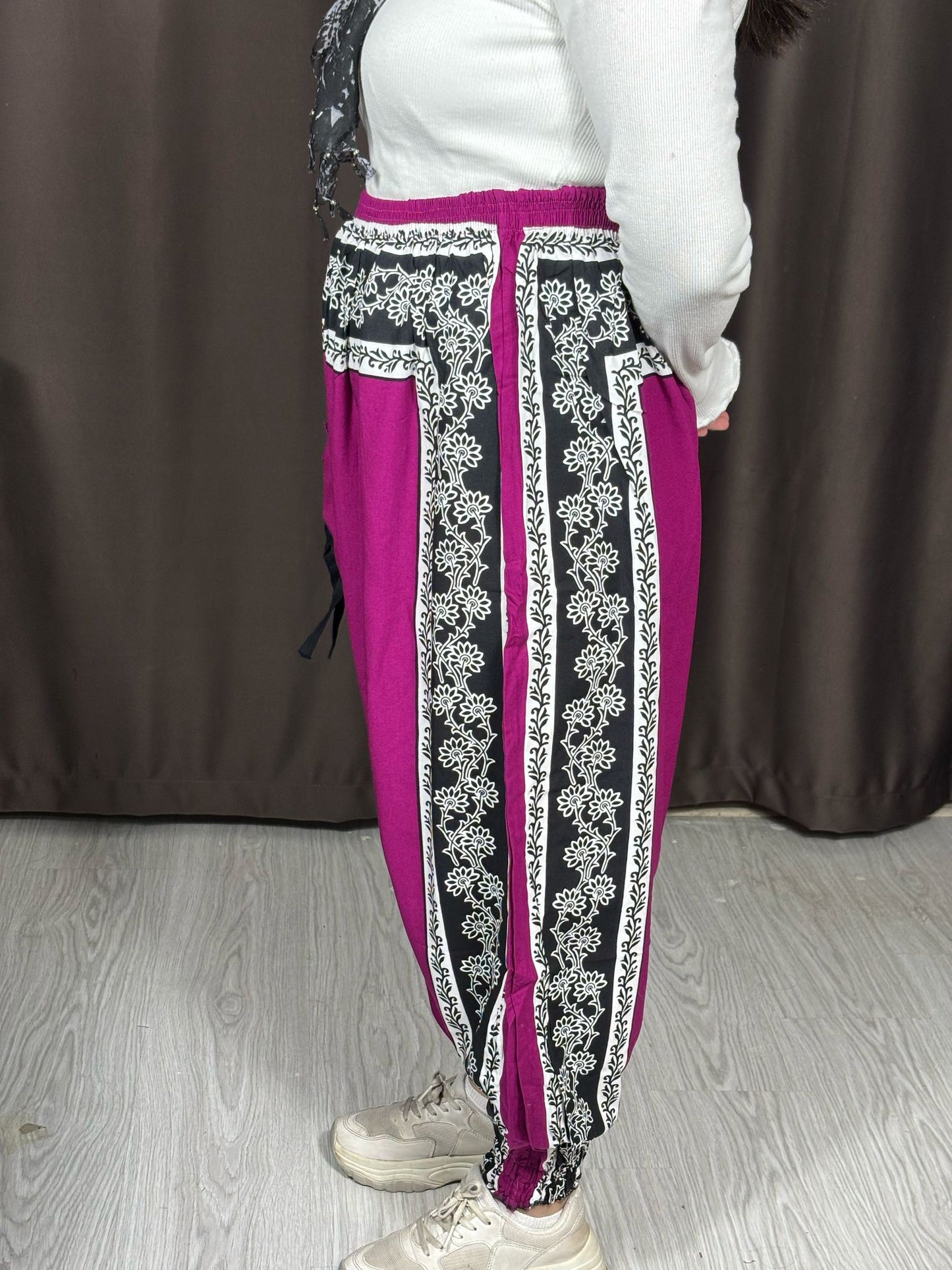 Etnik Desenli Rahat Kesim Şalvar - Fuşya