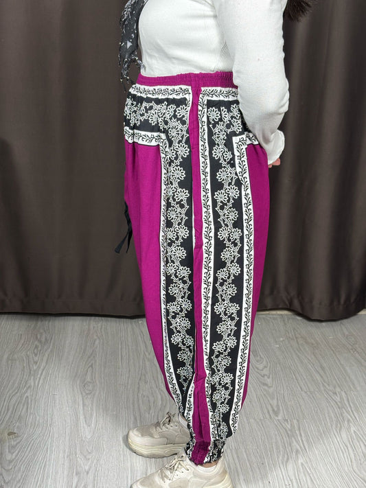 Etnik Desenli Rahat Kesim Şalvar - Fuşya