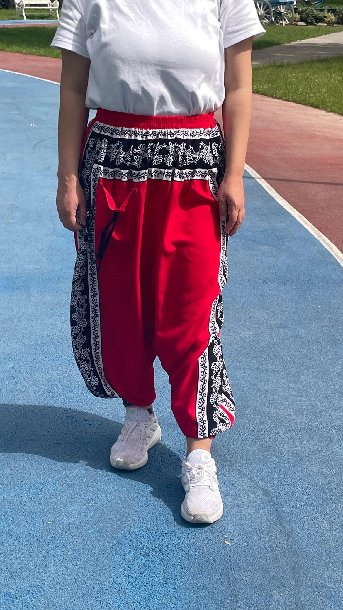 Etnik Desenli Rahat Kesim Şalvar - Kırmızı Cepli