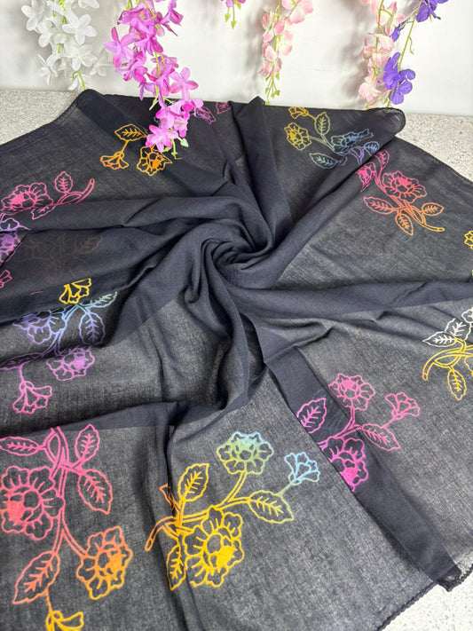 Siyah Zemin Renkli Çiçek Desenli Tülbent Yazma