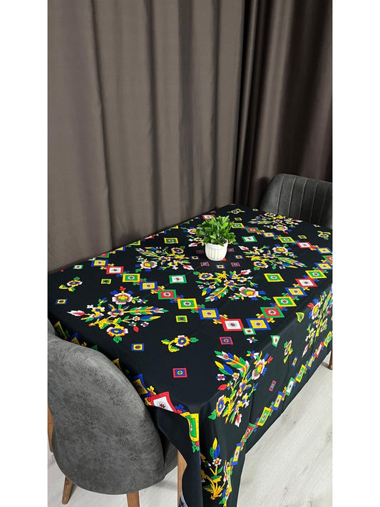 Yöresel Tokat Çiçek Desenli 170x170 Kare Masa Örtüsü - Siyah