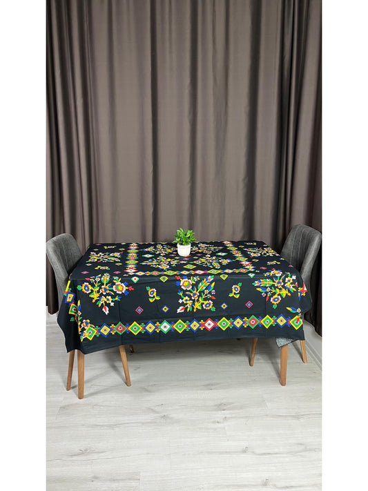 Yöresel Tokat Çiçek Desenli 170x170 Kare Masa Örtüsü - Siyah