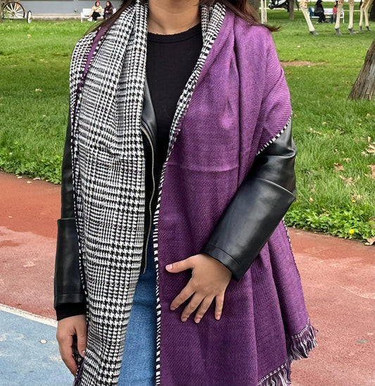 Kışlık Yünlü Çift Taraflı Ekose Şal - Mor