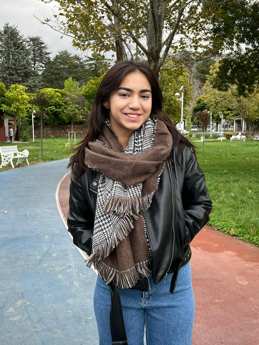 Kışlık Yünlü Çift Taraflı Ekose Şal - Kahverengi