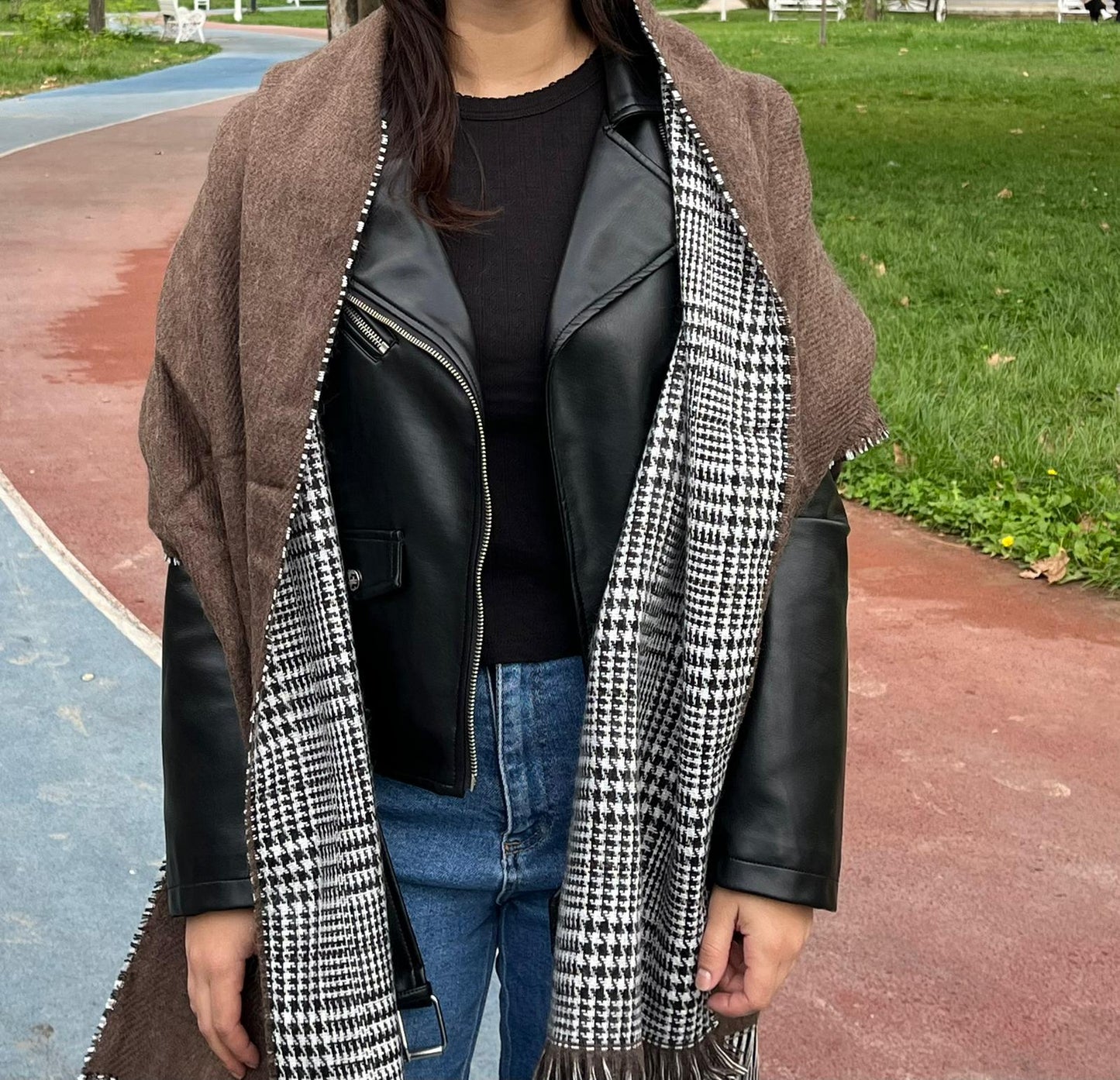 Kışlık Yünlü Çift Taraflı Ekose Şal - Kahverengi