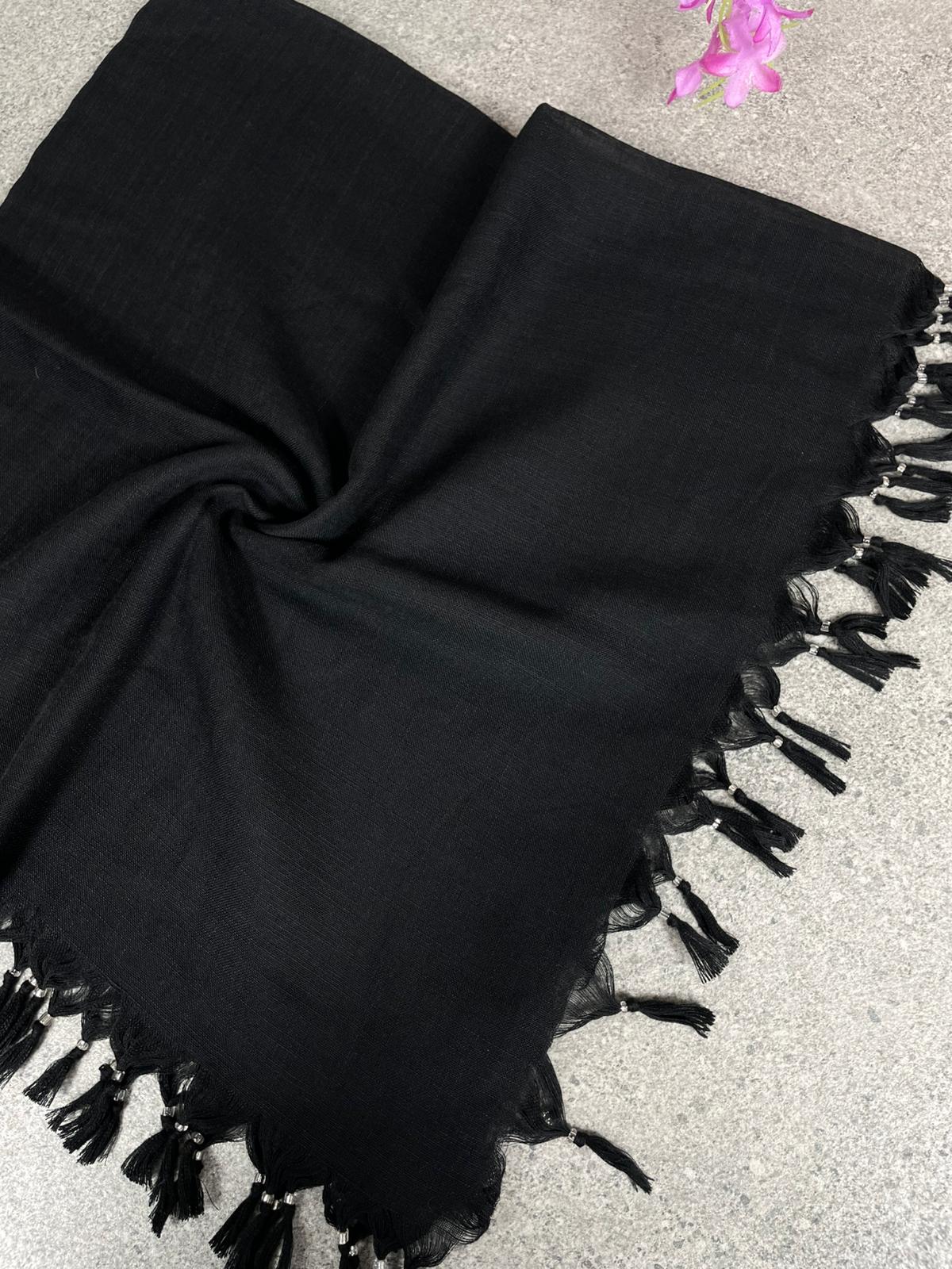 Püsküllü Pamuklu Yazma - Siyah