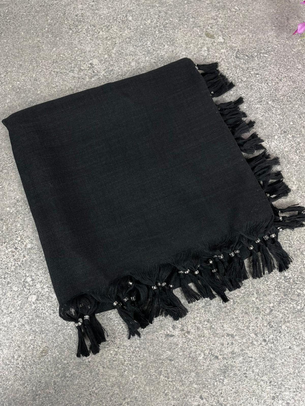 Püsküllü Pamuklu Yazma - Siyah