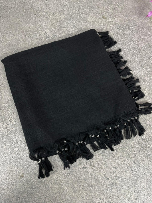 Püsküllü Pamuklu Yazma - Siyah