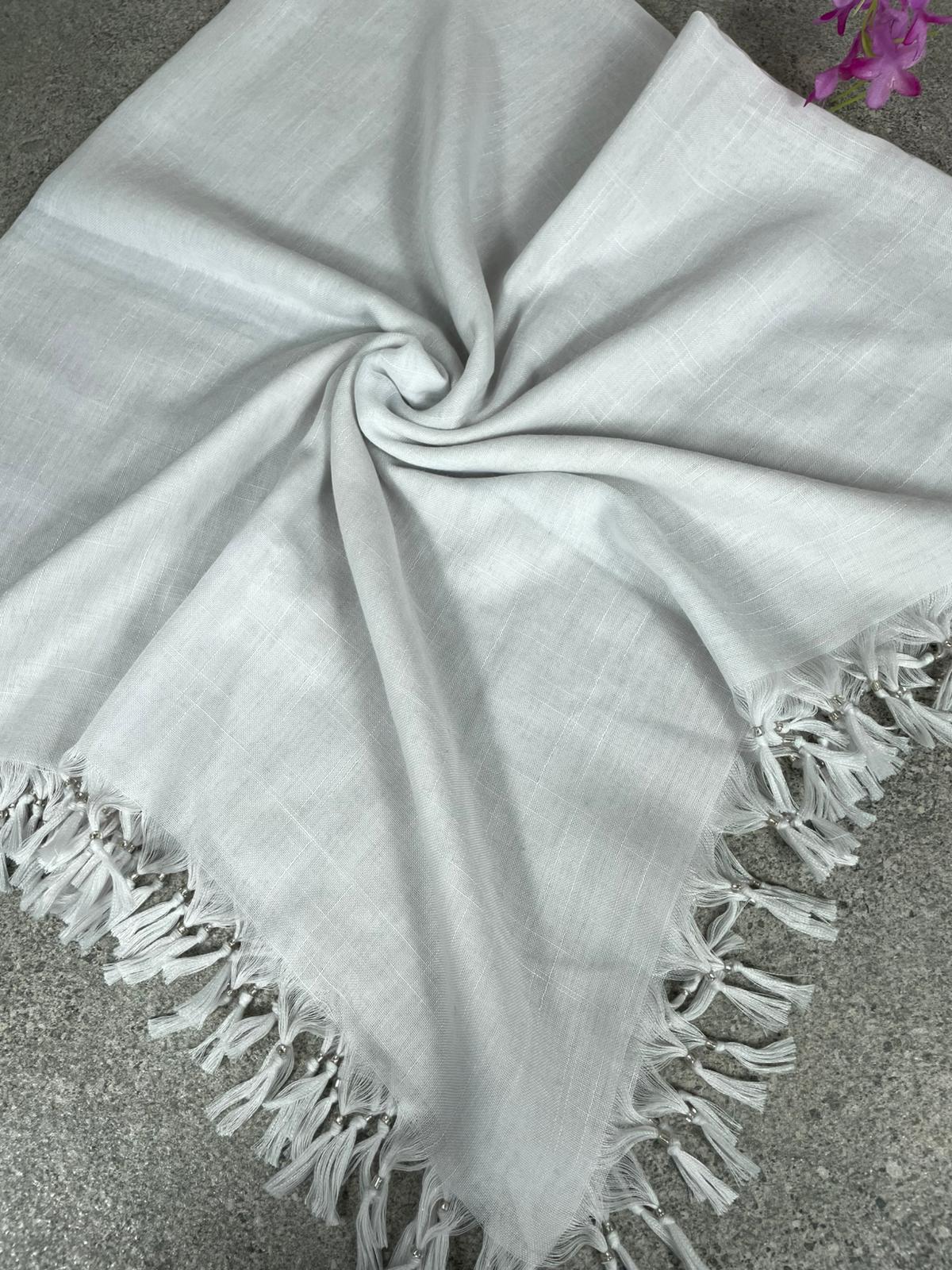 Püsküllü Pamuklu Yazma - Beyaz