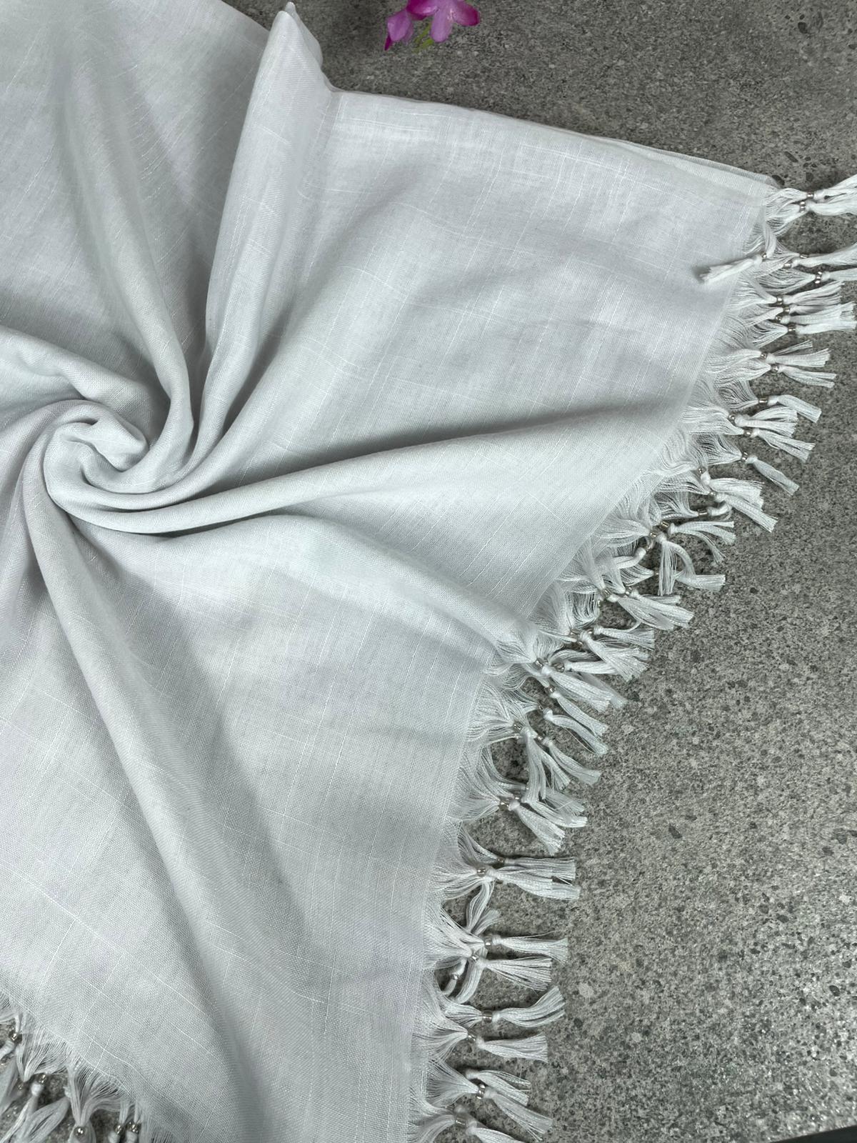 Püsküllü Pamuklu Yazma - Beyaz